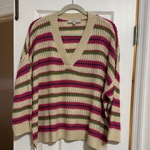 LOFT V-Neck Sweater with Pink, Green, and Cream Stripes
